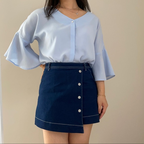 Baby Blue Flowy Button-up Blouse - Picture 1 of 9